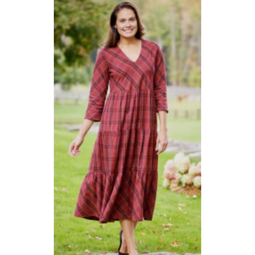 VERMONT COUNTRY STORE Dark Red Plaid Plus Sz 3X Casual Wear Cotton Tiered Dress